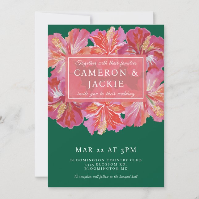 Vibrant Hibiscus Green Tropical Wedding  Invitation (Front)