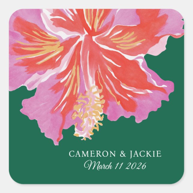 Vibrant Hibiscus Tropical Wedding Square Sticker (Front)
