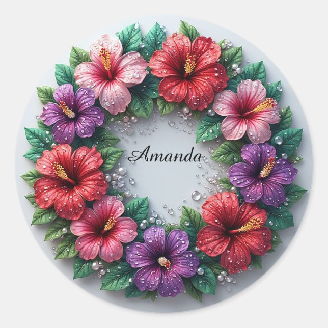 Vibrant Hibiscus Wreath Classic Round Sticker (Front)