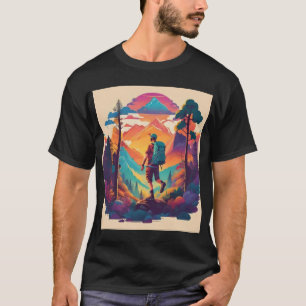 Vibrant Hiker in a Sunset Forest T-Shirt