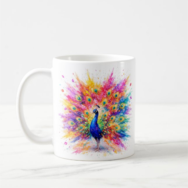 Vibrant Holi Peacock Watercolor Art Coffee Mug (Left)