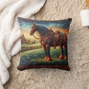 Vibrant Horse in Colourful Farm Scene Cushion