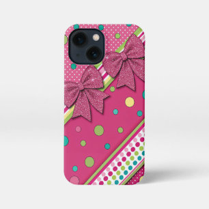 Vibrant Hot Pink Green Stripes Polka Dots Glitter  iPhone 13 Mini Case