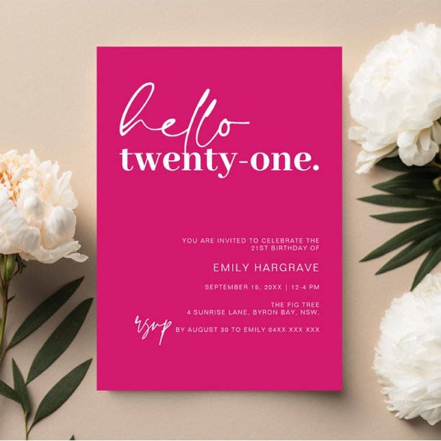 Vibrant Hot Pink Hello 21st Birthday Party Invitation (Creator Uploaded)