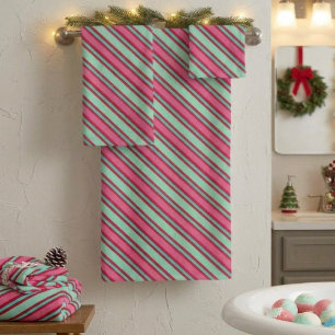 Vibrant Hot Pink Mint Aqua Red Retro Candy Stripes Bath Towel Set