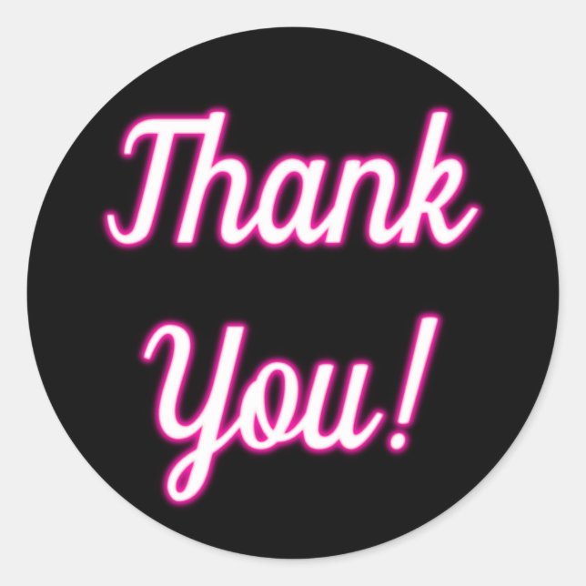 Vibrant Hot Pink Neon Glow Thank You Labels Black (Front)