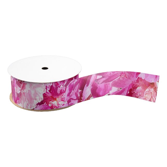 Vibrant Hot Pink Peonies Flowers Grosgrain Ribbon (Spool)