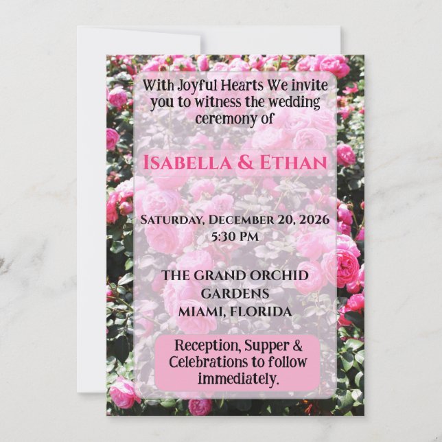 Vibrant Hot Pink Rose Bush Garden Wedding  Invitation (Front)