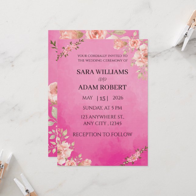 Vibrant Hot Pink Watercolor Floral Invitation (Front/Back In Situ)