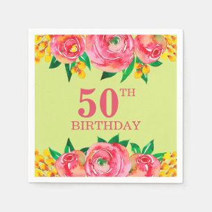 Vibrant Hot Pink Yellow Lime Watercolor Floral Napkin