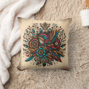 Vibrant hummingbird among floral designs at dusk cushion