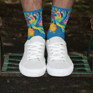 Vibrant Hummingbird and Floral Embroidery Pattern Socks