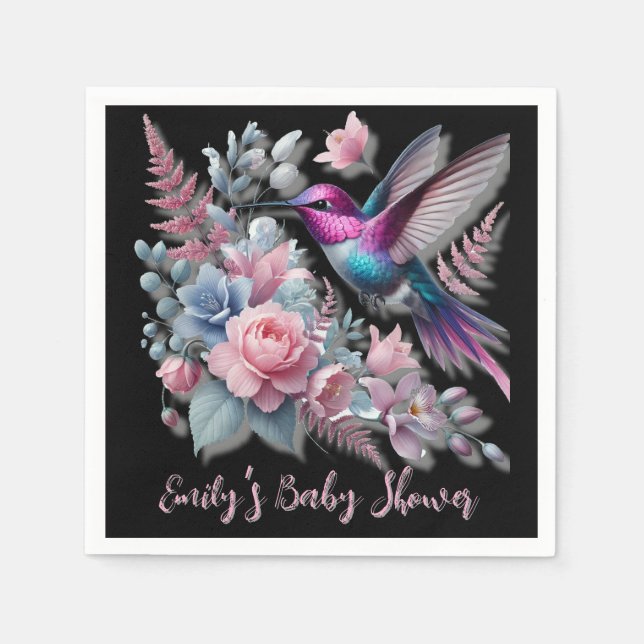 Vibrant Hummingbird And Pink Blooms Baby Shower Napkin (Front)