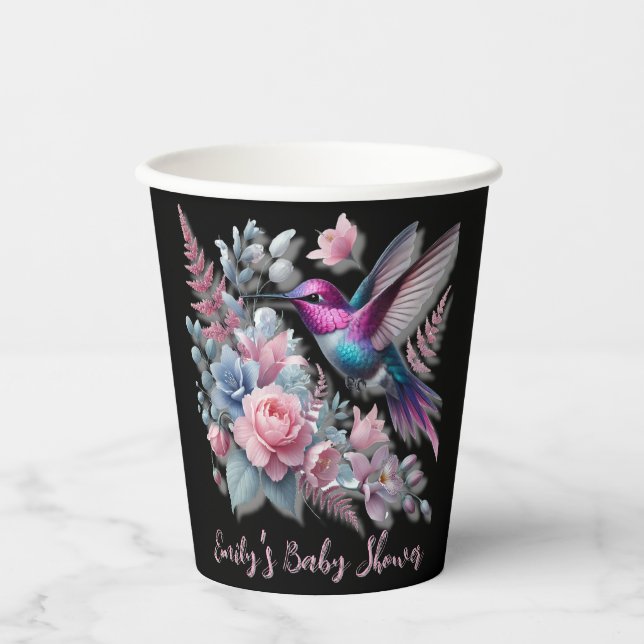 Vibrant Hummingbird And Pink Blooms Baby Shower Paper Cups (Front)
