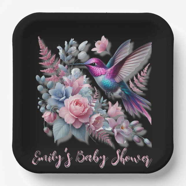 Vibrant Hummingbird And Pink Blooms Baby Shower Paper Plate (Front)