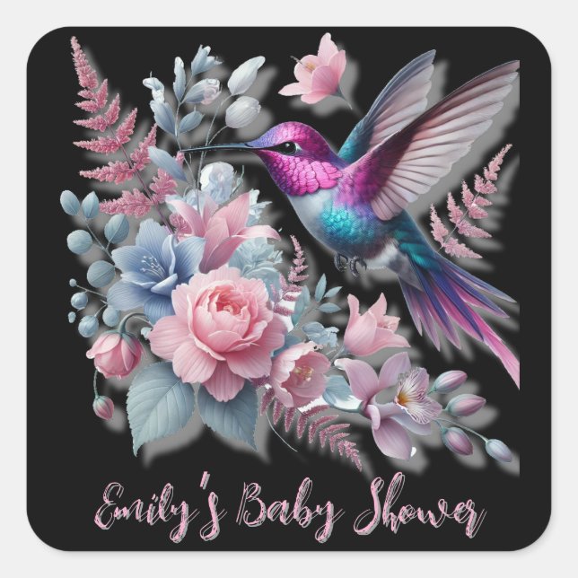Vibrant Hummingbird And Pink Blooms Baby Shower Square Sticker (Front)
