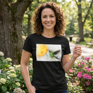 Vibrant Hummingbird and Yellow Floral Watercolor T-Shirt