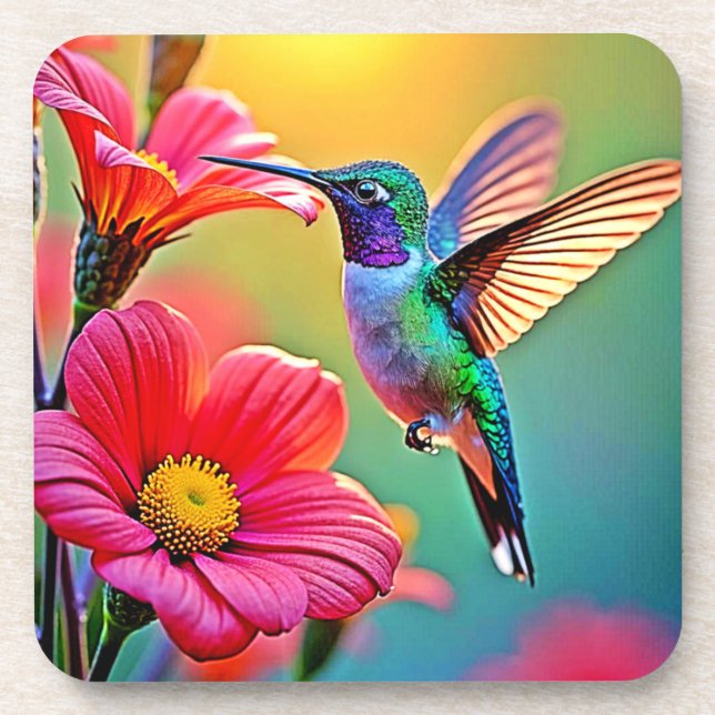 Vibrant Hummingbird at Sunset Design Coaster (Front)