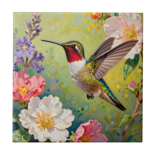 Vibrant Hummingbird Floral Garden Ceramic Tile (Front)