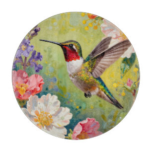 Vibrant Hummingbird Floral Garden Cutting Board