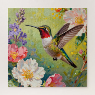 Vibrant Hummingbird Floral Garden Jigsaw Puzzle