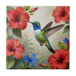 Vibrant Hummingbird Hibiscus Floral Ceramic Tile