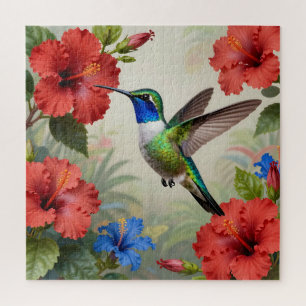 Vibrant Hummingbird Hibiscus Floral Jigsaw Puzzle