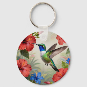 Vibrant Hummingbird Hibiscus Floral Key Ring