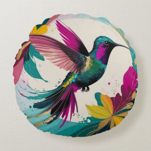 Vibrant Hummingbird in Flight: A Tropical Abstract Round Cushion