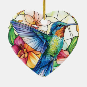Vibrant Hummingbird Stained Ceramic Ornament