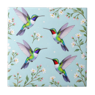 Vibrant Hummingbirds and White Cherry Blossom Ceramic Tile