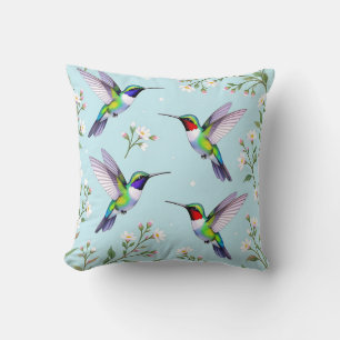 Vibrant Hummingbirds and White Cherry Blossom Cushion