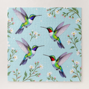 Vibrant Hummingbirds and White Cherry Blossom Jigsaw Puzzle