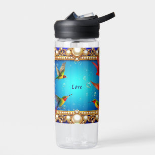Vibrant Hummingbirds in Ornate Frame with Pearls Water Bottle