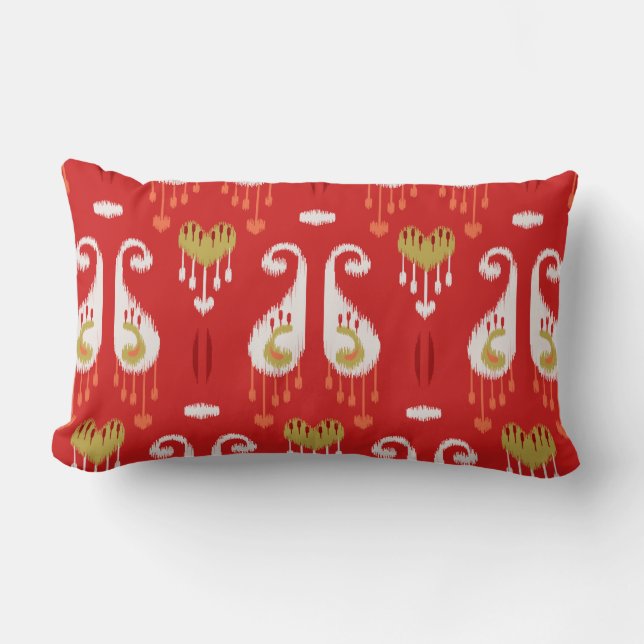 Vibrant ikat pattern in red and gold lumbar cushion (Front)