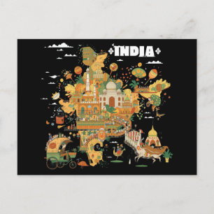 Vibrant Illustrated Map of India Culture Art Postcard