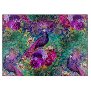 Vibrant Illustrated Peacock Pattern Cutting Board