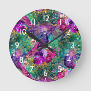 Vibrant Illustrated Peacock Pattern Round Clock