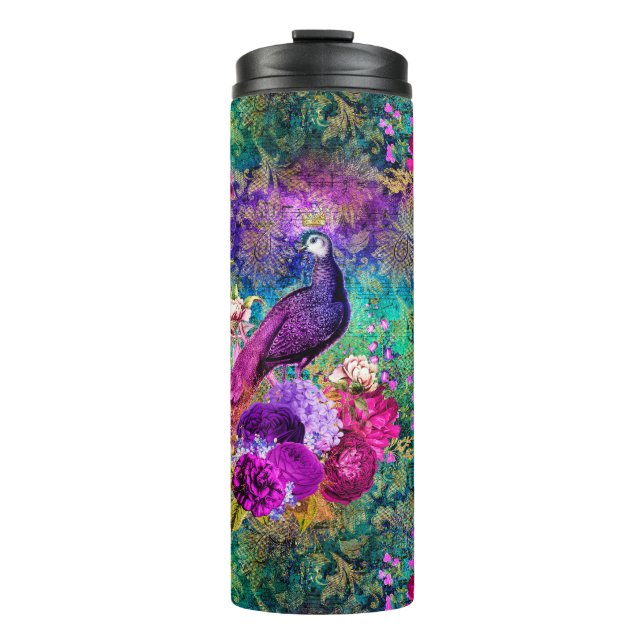 Vibrant Illustrated Peacock Pattern Thermal Tumbler (Front)