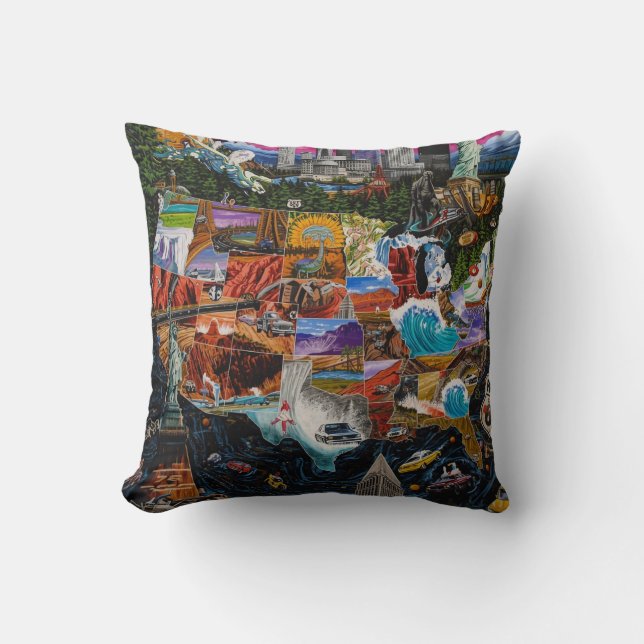 Vibrant Illustrated USA Map with Iconic Landmarks Cushion (Front)