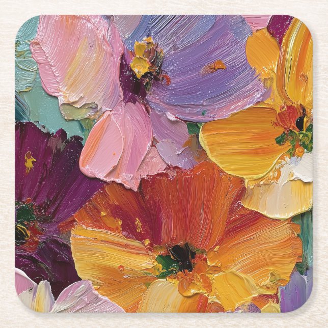 Vibrant Impasto Floral Painting Square Coaster (Front)