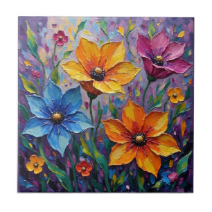 Vibrant Impasto Wildflowers Ceramic Tile