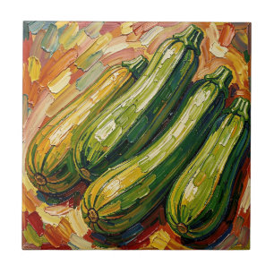 Vibrant Impasto Zucchini Painting Ceramic Tile