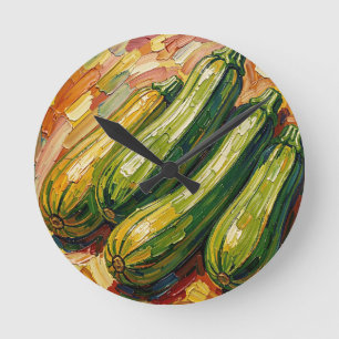 Vibrant Impasto Zucchini Painting Round Clock