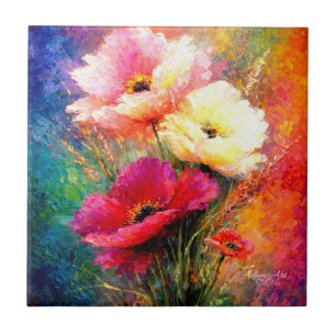 Vibrant Impressionist Poppy Flowers Ceramic Tile