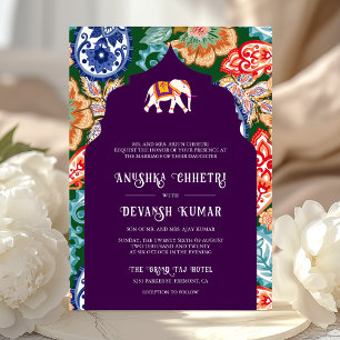Vibrant Indian Folk Art Elephant Aubergine Wedding Invitation