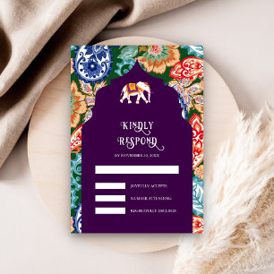 Vibrant Indian Folk Art Elephant Aubergine Wedding RSVP Card