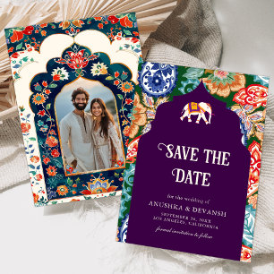 Vibrant Indian Folk Art Elephant Aubergine Wedding Save The Date