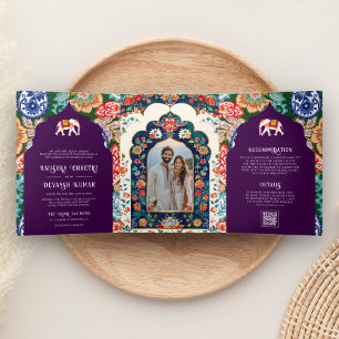 Vibrant Indian Folk Art Elephant Aubergine Wedding Tri-Fold Invitation