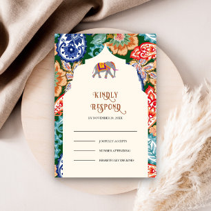Vibrant Indian Folk Art Elephant Cream Wedding RSVP Card
